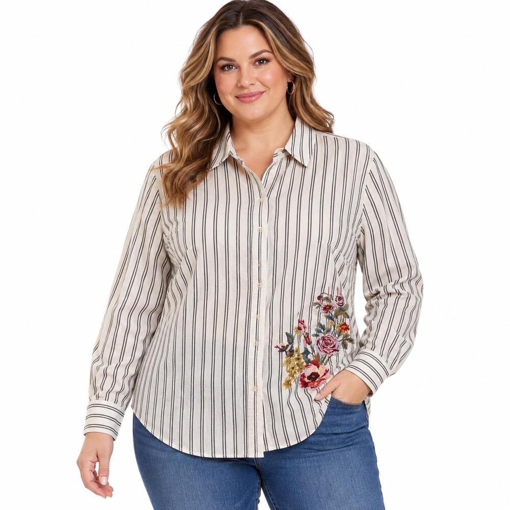 Ava & Viv Shirt Womens 1X White Striped Floral Embroidered Button Front Top